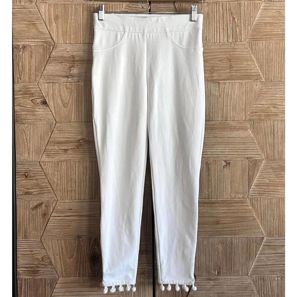 Slim Factor by Investments White Stretch Crop Pants Size S Pom Pom Hem